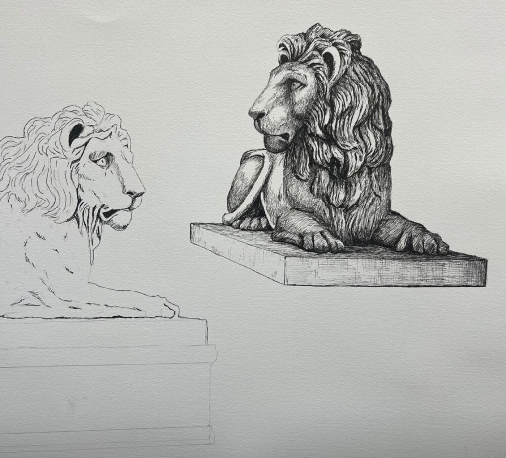 Stone Lion garden statue concept art sketch