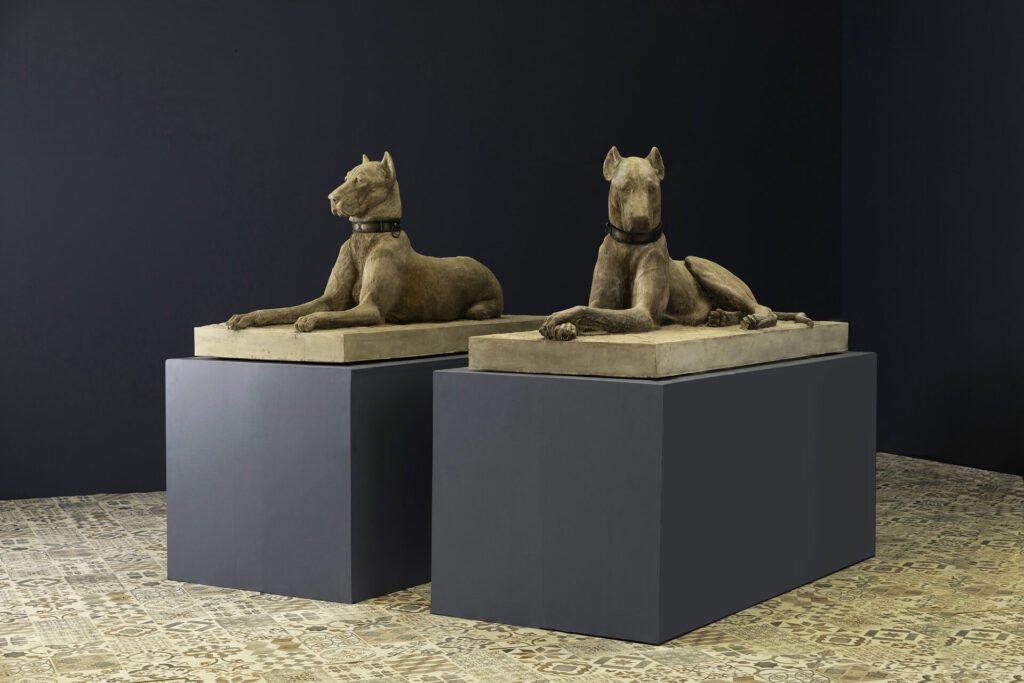 Two reclining greyhound statues on beige plinths in a dark gallery setting, wearing collars.