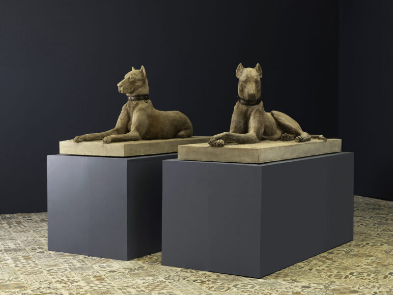 Two reclining greyhound statues on beige plinths in a dark gallery setting, wearing collars.