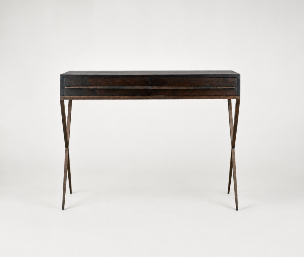 Console table with dark wood finish, two drawers, and slender metal legs forming an X shape on each side.