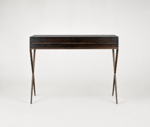 Criss Cross Drawers console table with drawers - Console table with dark wood finish, two drawers, and slender metal legs forming an X shape on each side.
