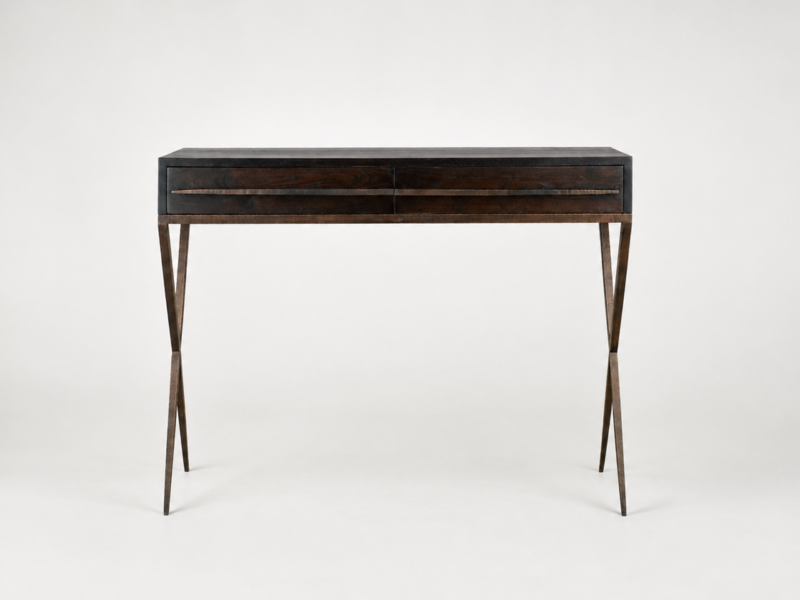 Console table with dark wood finish, two drawers, and slender metal legs forming an X shape on each side.
