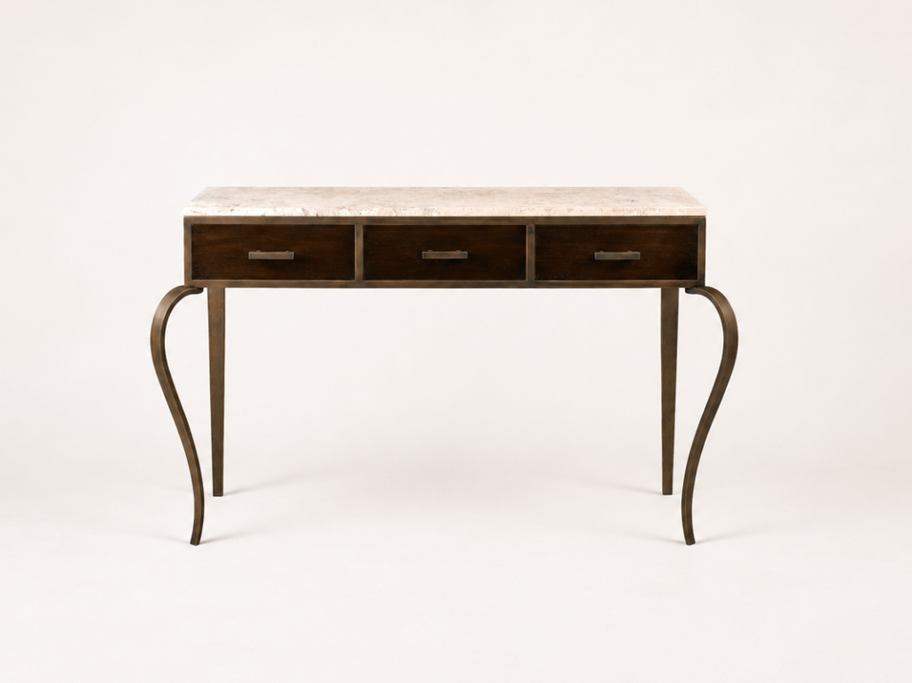 Dark wood desk with a light marble top, three central drawers, and curved metal legs for an elegant vintage look.