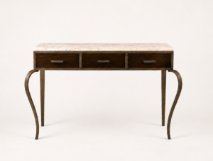 De Vere Drawers console table with drawers - Dark wood desk with a light marble top, three central drawers, and curved metal legs for an elegant vintage look.