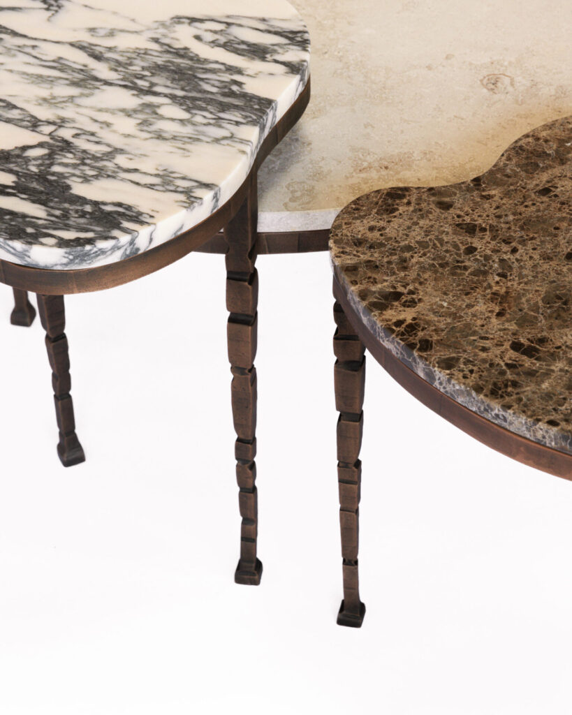 Ashbourne Coffee Nest Tables with choice of stone tops. Close up on wood table legs